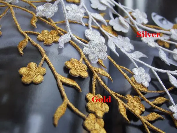 1 Stück Spitze Patch DIY Gold Silber Pflaumen blüte Stickerei Blumen applikation Stoff Aufkleber Kleidung Hochzeits dekoration ironisch – Detail 12