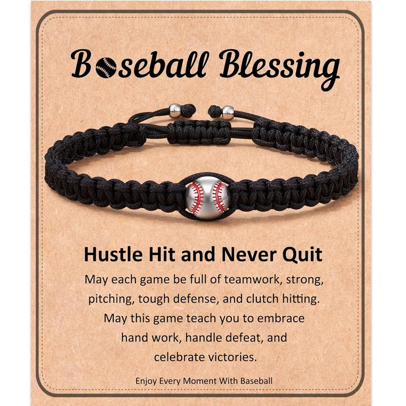 Regalos de béisbol y fútbol para hijo nieto, pulseras de béisbol trenzadas ajustables para ideas para adolescentes con tarjeta de regalo con mensaje