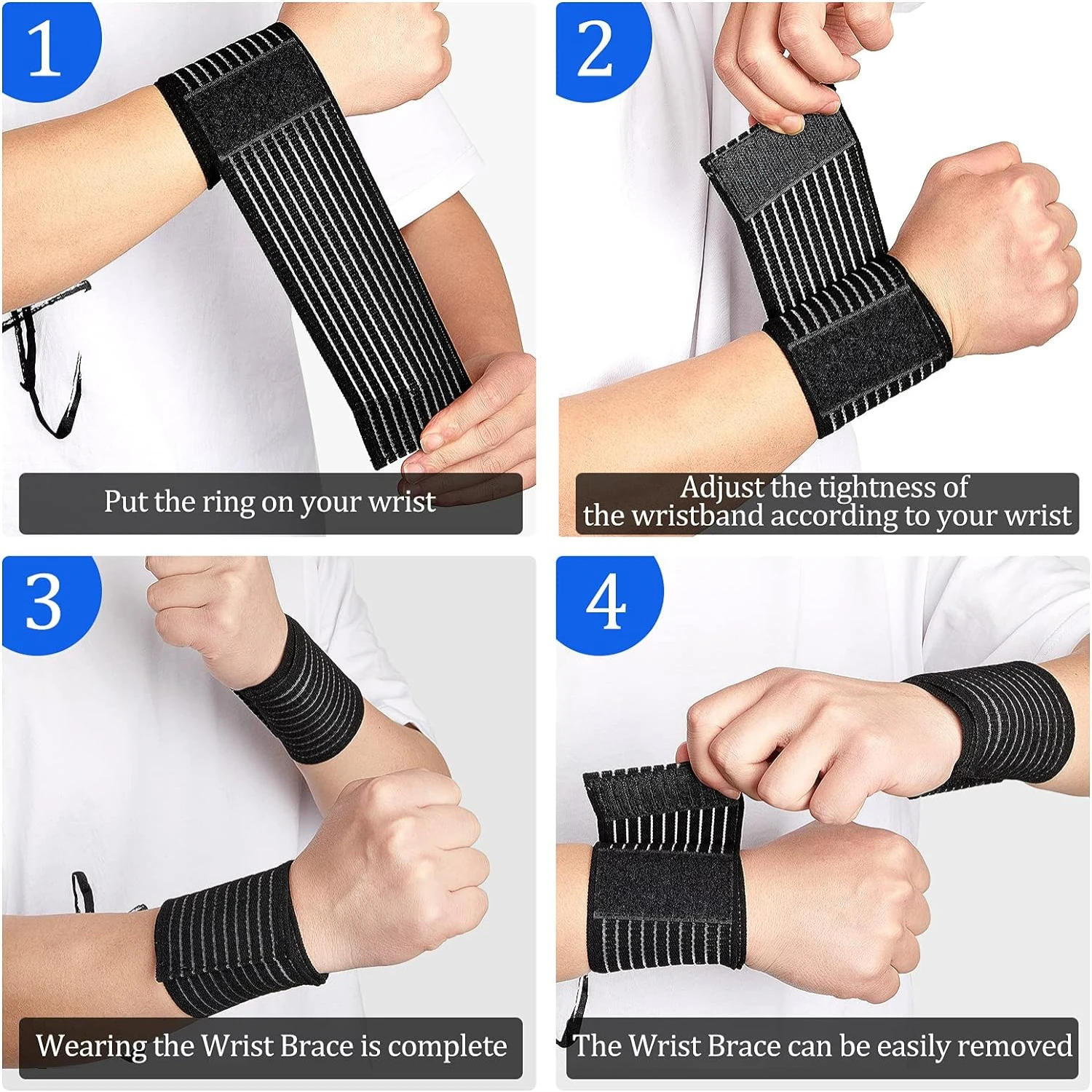 Functional Set of 4 Black Compression Wristbands for Adult Carpal Tunnel Relief - Supportive, Comfortable, and Adjustable - Idea