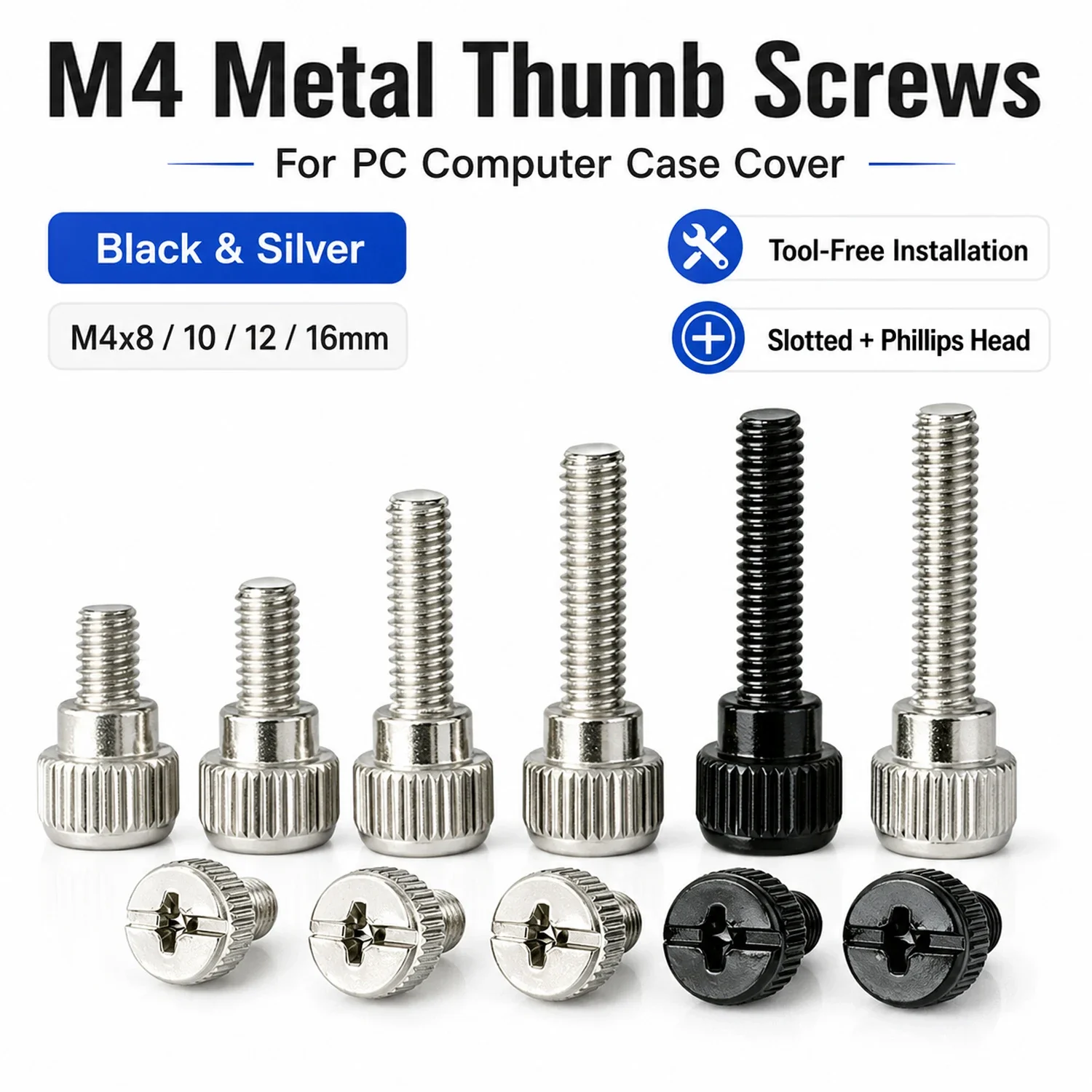 10-100pcs M4 Computer Thumb Screws Black/Silver, Phillips Slot Hand Tighten PC Case Screws, Tool-Free Chassis Fastener