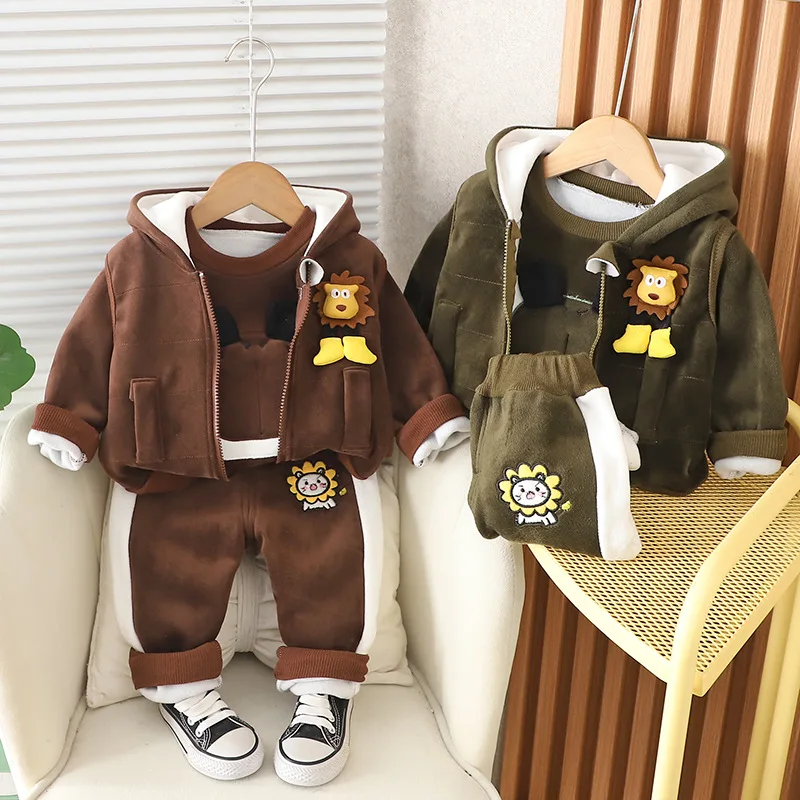 

Children's Autumn Winter Set Cartoon Velvet Hoodie Boys Girls Top and Pants 3PCS Set Children's and Toddler Warmth Set 0-4Y