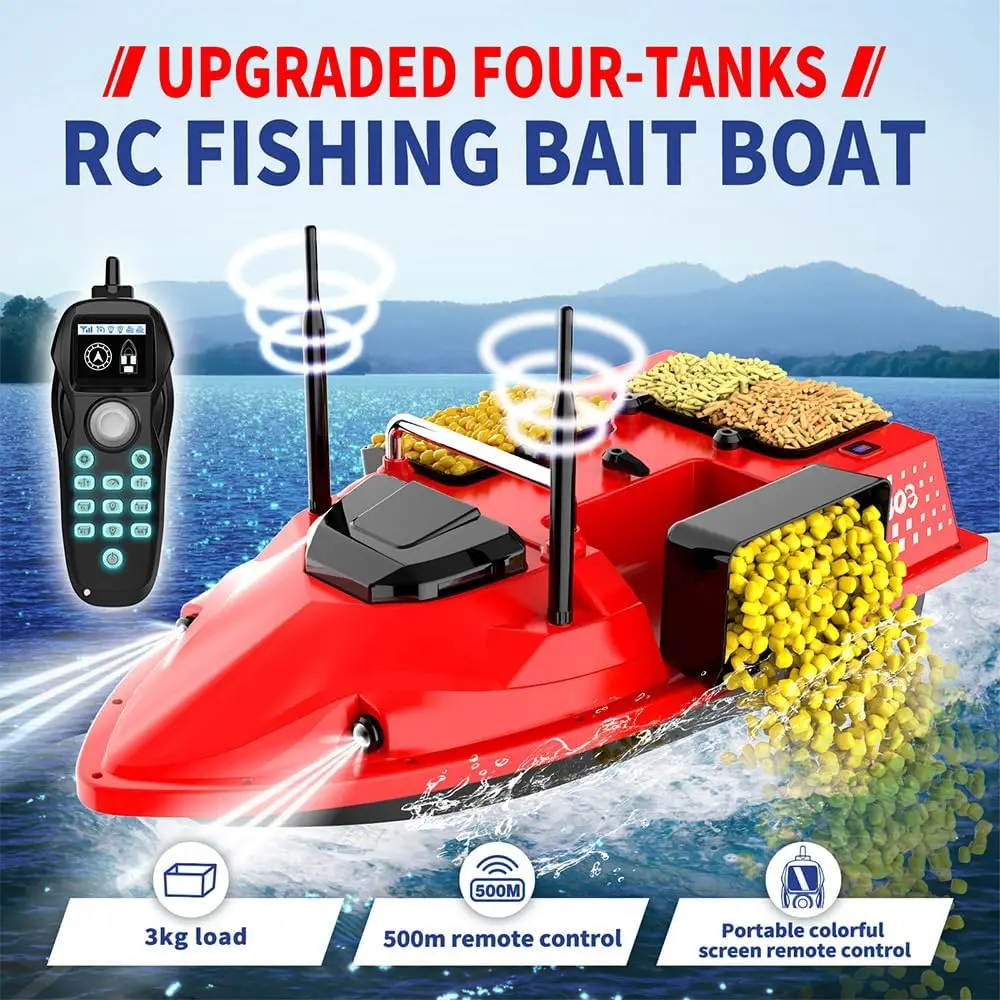Remote Control Bait Fishing Boat with Line Drop & Bait Release, Dual Antenna Cruise Control, 12000mAh Battery & Motors, 4 Bait Slots (6.61LBS Capacity), 1640FT Range, LED Light, Includes Backpack