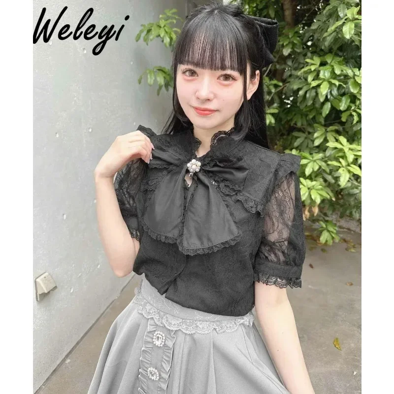 

Japanese Girl Rojita Summer Black Shirt 2024 New Mine Women's Short Sleeve Lace Stitching Pure Ribbon See-through Ruffle Blouses