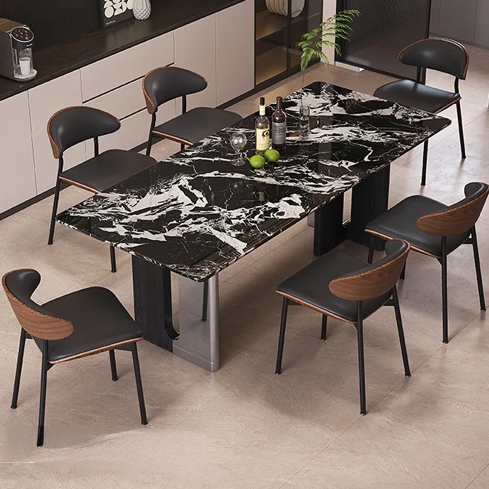 

Black luxury stone dining table Italian light luxury designer natural luxury stone rectangular dining table and chairs