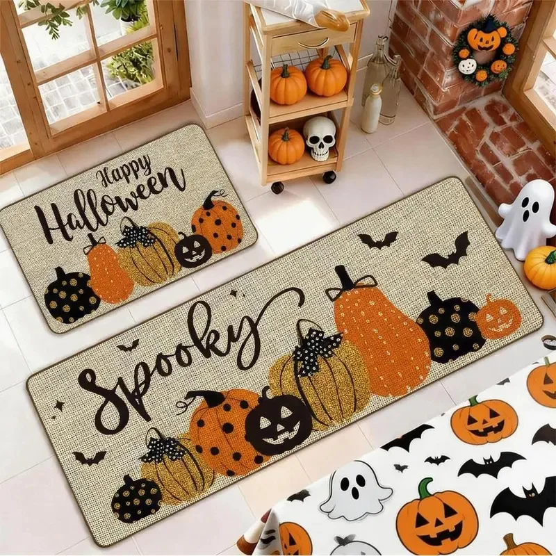 VIKAMA Halloween Kitchen Rug Set Pumpkin Bat Pattern Non Slip Washable Runner Floor Mat Kitchen Indoor Holiday Home Decor