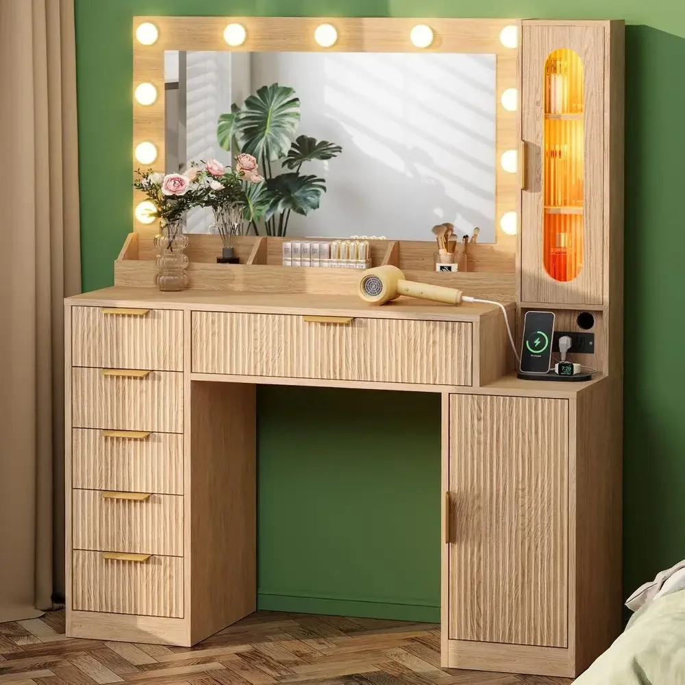 Large 31.4 Mirrored Wood Makeup Desk with RGB Lights, 6 Drawers, 2 Cabinets & 3 Compartments, Charging Station, Natural Oak Fini