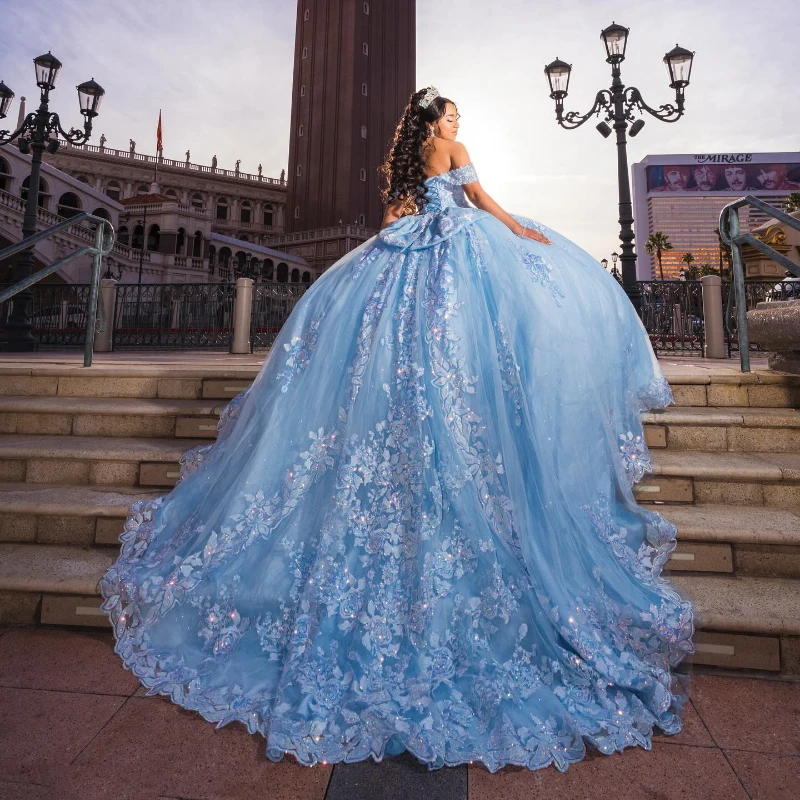 

Sky Blue Shiny Quinceanera Dress Off the Shoulder Ball Gown Appliques Lace Beading Tull Mexico Sweet 16 Vestido 15 De XV Años