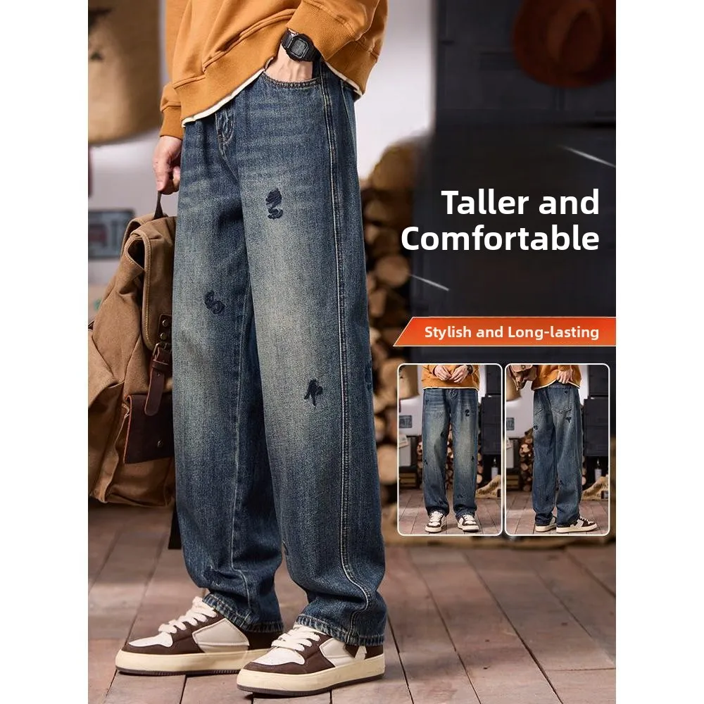 

Мужские джинсы в американском ретро-стиле, модные, свободные, прямые, длинные, с вышивкой, повседневные брюки прямого кроя