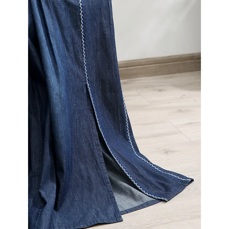 TIYIHAILEY Free Shipping Wide Leg Long Pants For Women Trousers Denim Jeans Elastic Waist Ripped Casual Pants With Pockets
