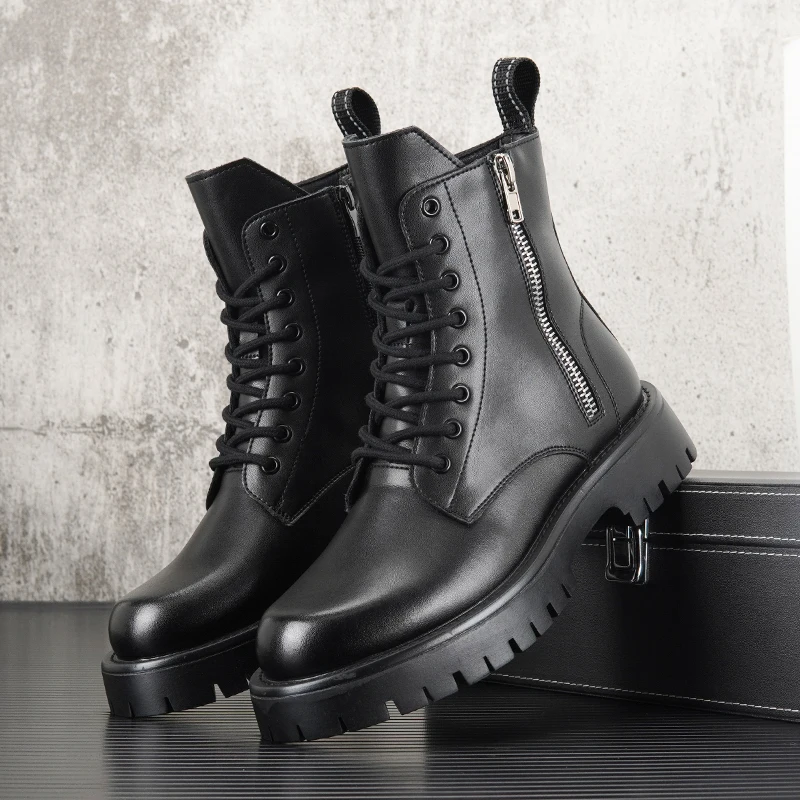 men fashion high top motorcycle boots lace-up natural leather shoes platform long knight boot spring autumn riding botas hombre