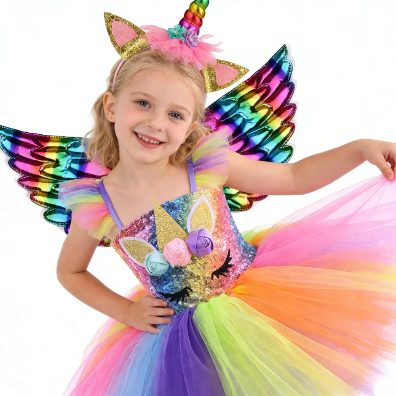 Sequins Rainbow Unicorn Costumes for Girls Birthday Party Outfit with Horns Wings for Kids Christmas Halloween Fancy Tutu Dress
