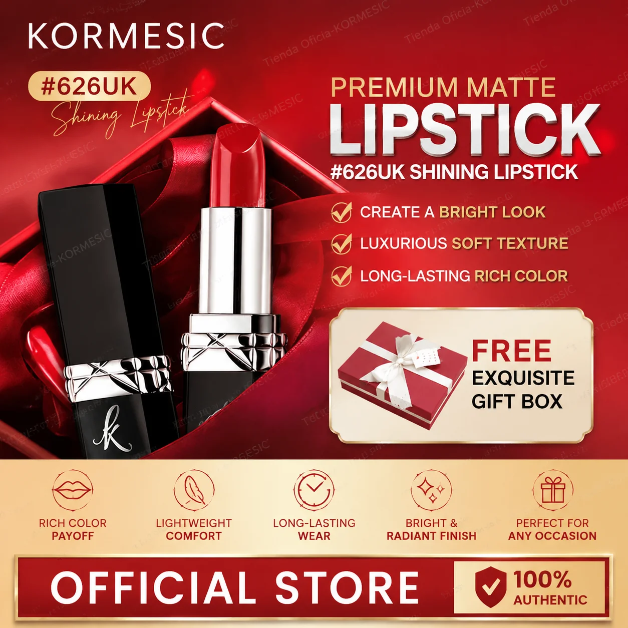 rouge-a-levres-mat-premium-kormesic--rouge-a-levres-brillant-626uk-creant-une-apparence-plus-brillante-livre-avec-une-boite-cadeau
