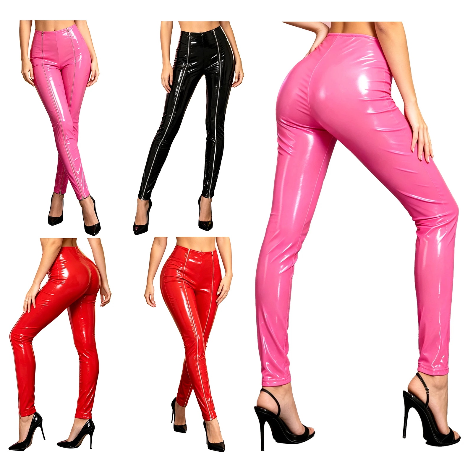 Womens High Waist Front Zippers Pants Multi Zipper Decor Shiny PU Leather Skinny Trousers Club Stage Costume Wet Look Leggings