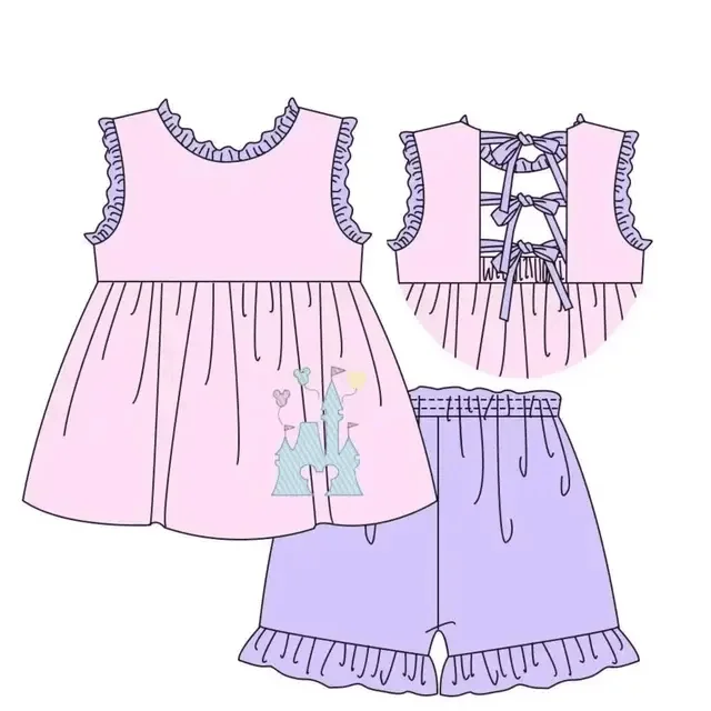 Summer new boutique children's clothing sleeveless lace castle print shorts lace girls boys plaid shorts set baby romper