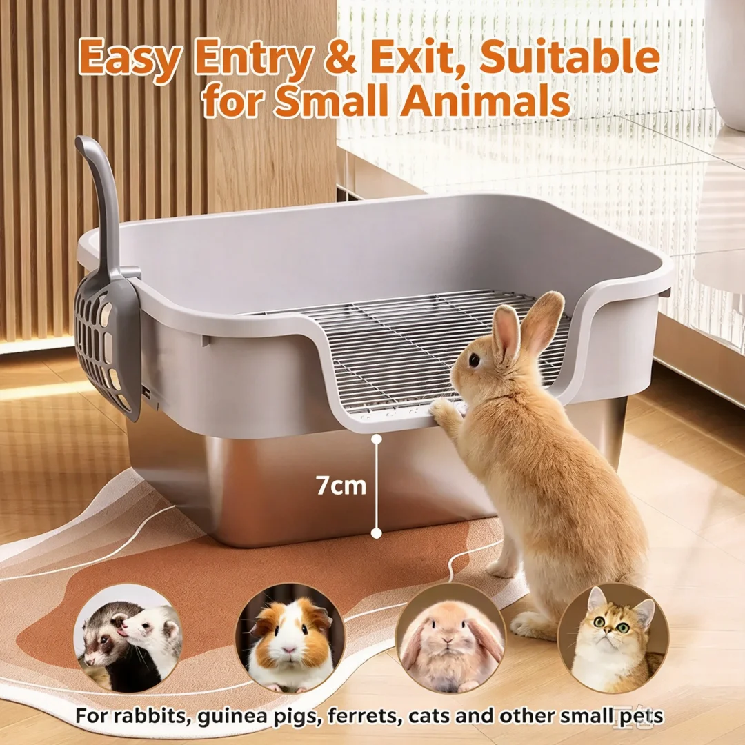 Oversized Rabbit Litter Tray Stainless Steel Thick High Fence Prevent Urine Splash Avoid Step On Poop Small Pet Toilet for Bunny