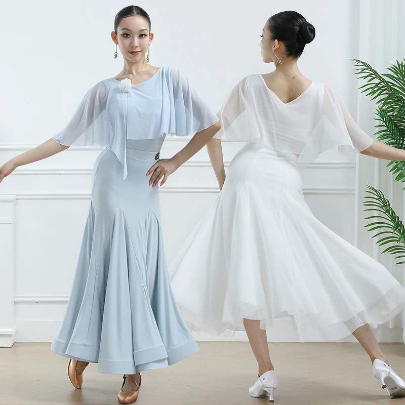 

Adult Blue Ballroom Dance Clothes Summer Women Modern Standard Dance Performance Wear Mesh Bodysuit Ballroom Practice Skirt 5566