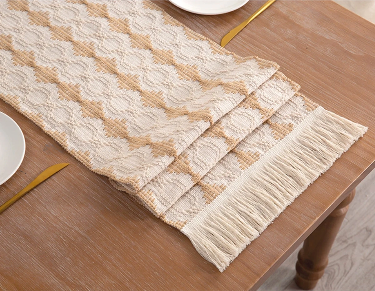 Dining Home Decor Yellowandwhite alternating table flag cotton and linen tablecloth handmade tassel tea mat home long decorative