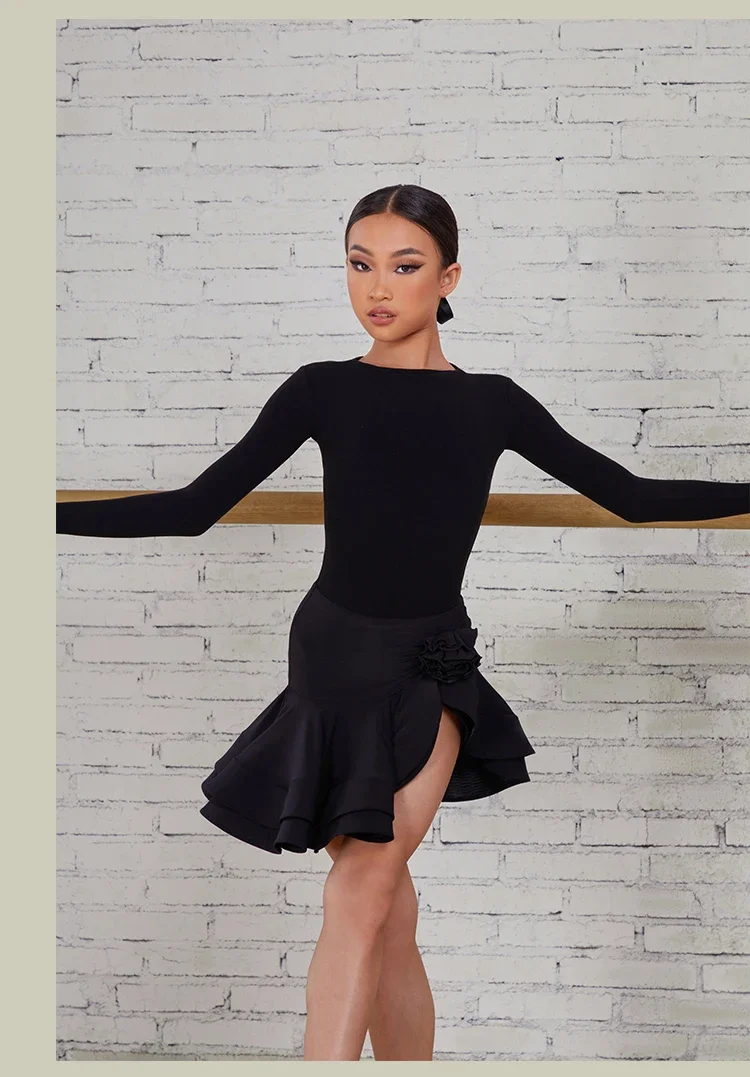 ชุดเต้นลาตินใหม่ปี 2025 สำหรับเด็กผู้หญิง ชุดบอดี้สูทสีดำเซ็กซี่เปิดหลัง ชุดฝึกซ้อมเต้นชาช่า รุมบ้า แทงโก้ กระโปรงเต้นสำหรับเด็ก