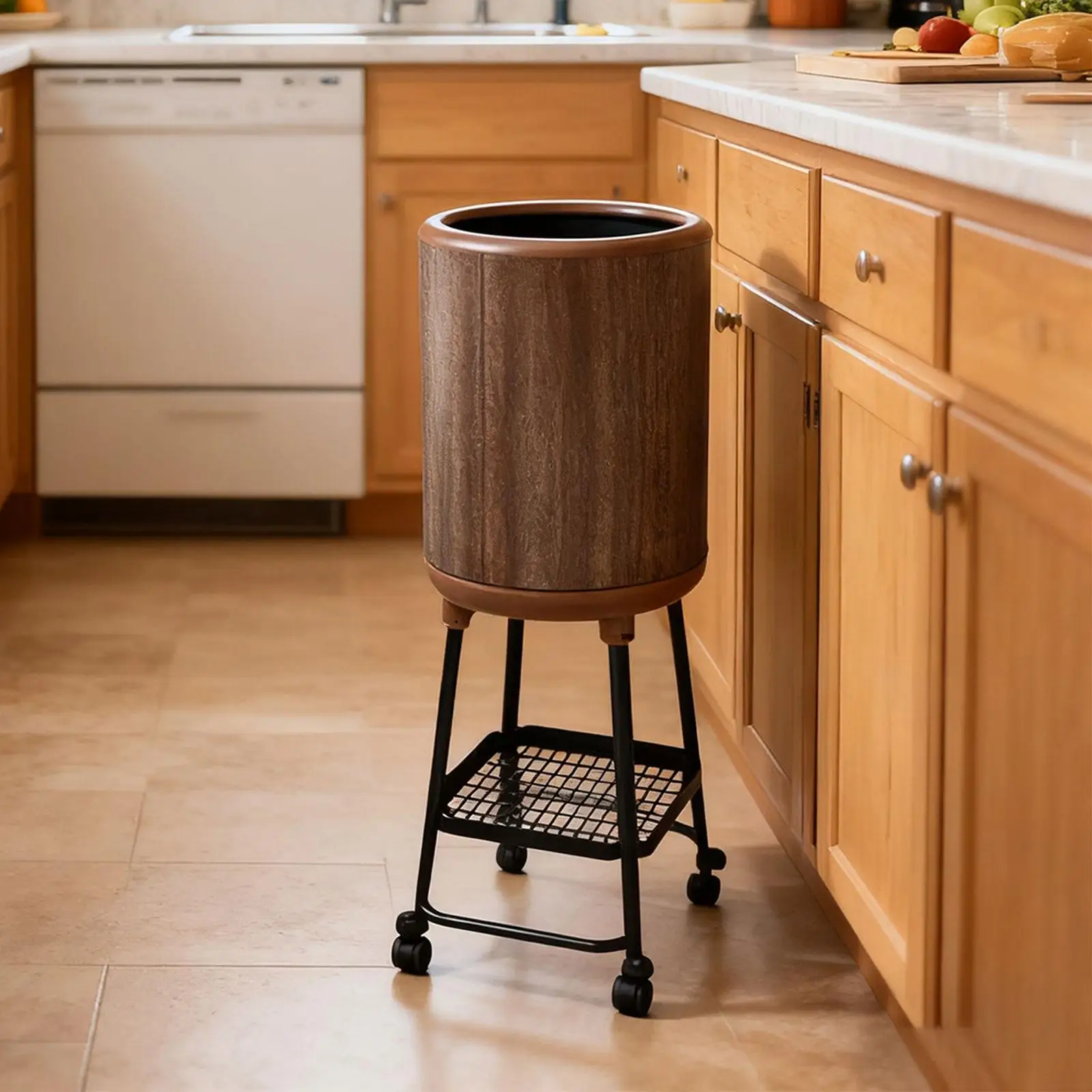 

Minimalist Press Trash Can with Stand Double Compartment Waste Paper Bucket Mobile Basket for Garbage Sorting in Kitchen Home