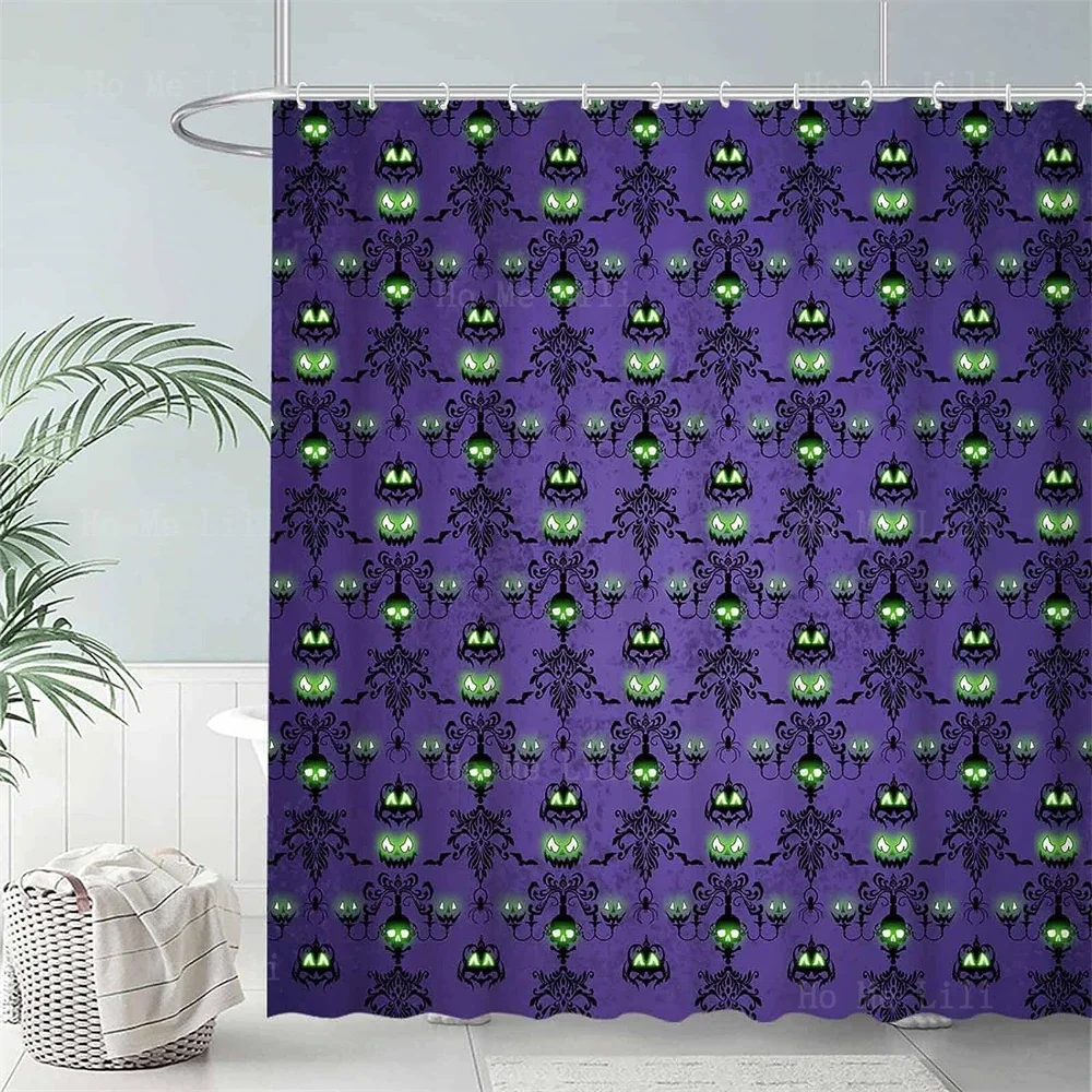 Halloween Purple Haunted House Spooky Skull Wall Pumpkin Eyes Kawaii Goth Little Cute Ghost Shower Curtain