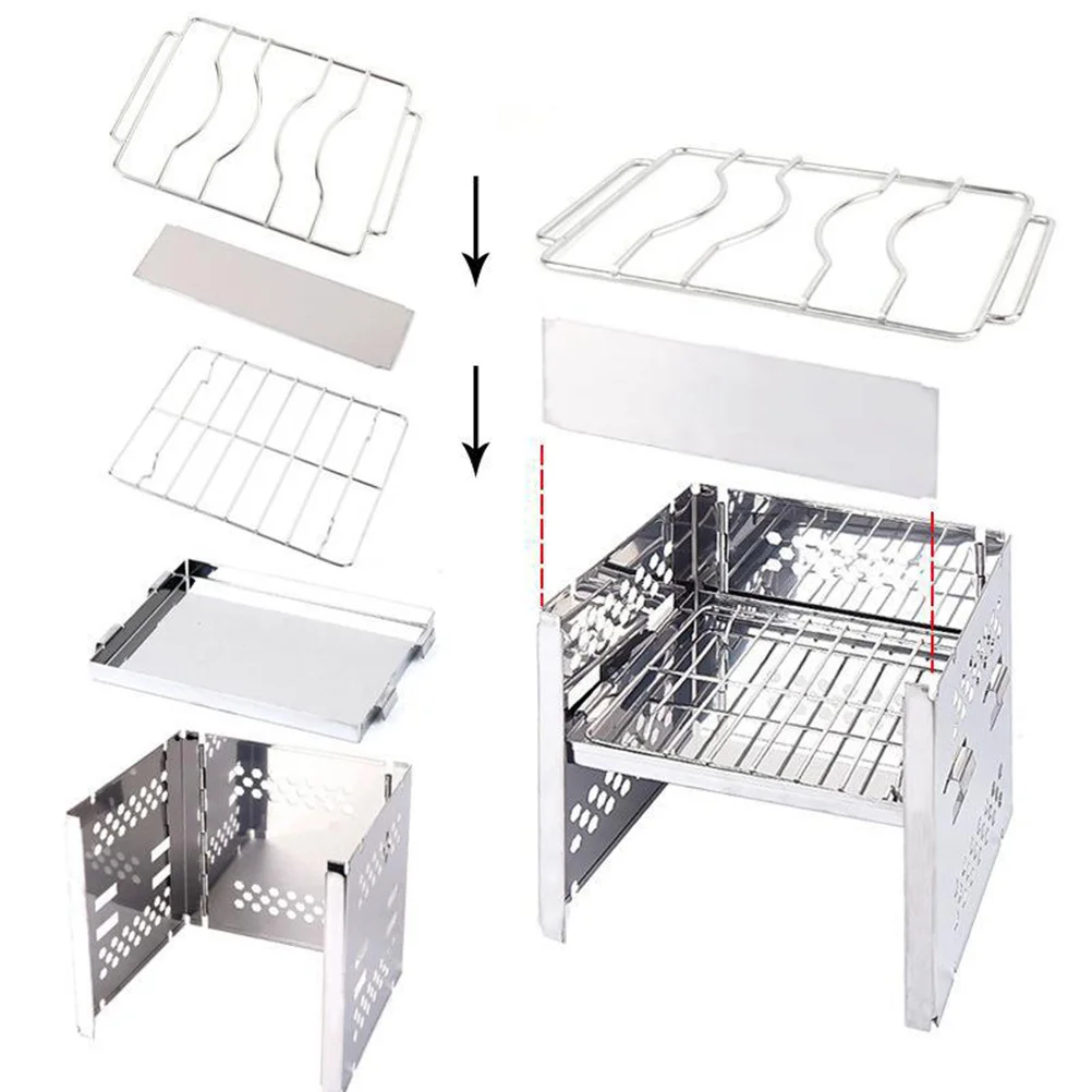 

1Pcs Foldable Mini Stainless Steel Wood Burning Stove Square Portable Outdoor Bbq Grill Camping Picnic Lightweight Durable