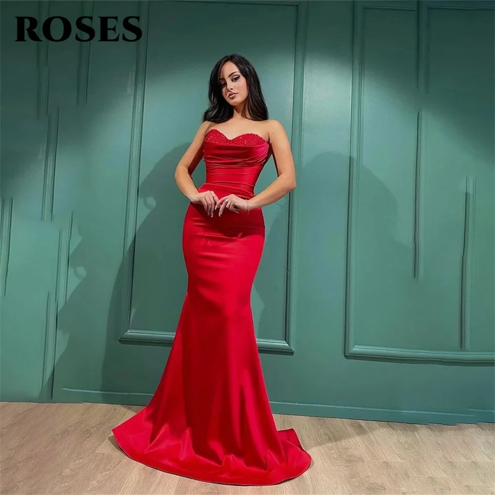

ROSES Red Stain Evening Gown Sleeveless Mermaid Elegant Prom Dress Beading Sweetheart Wedding Evening Dresses robes de soirée