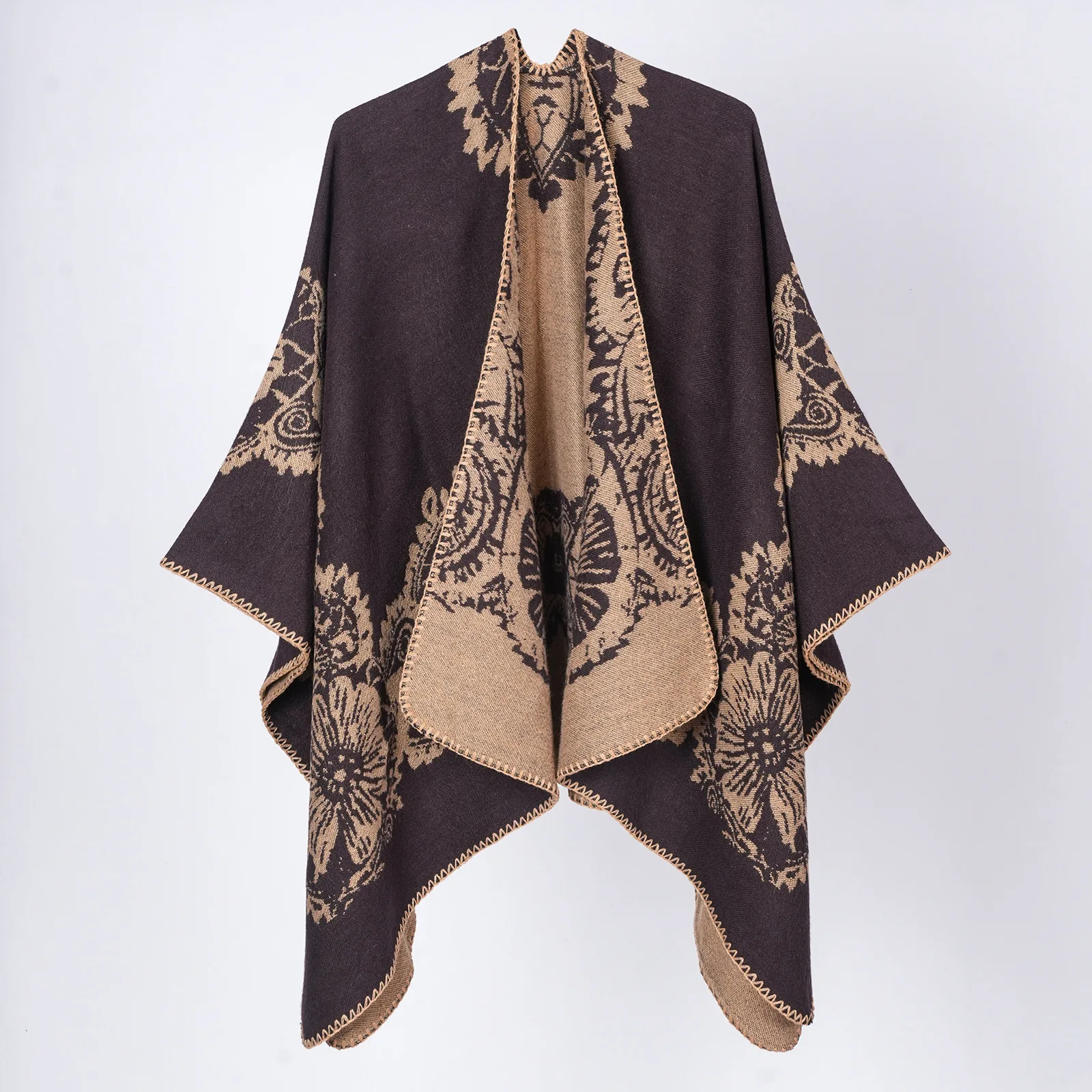 Retro Style Comfortable Warm All-Match Cape Large Pashmina with Hat Split Design Tourist Area Flower Patterned Polyester Fiber