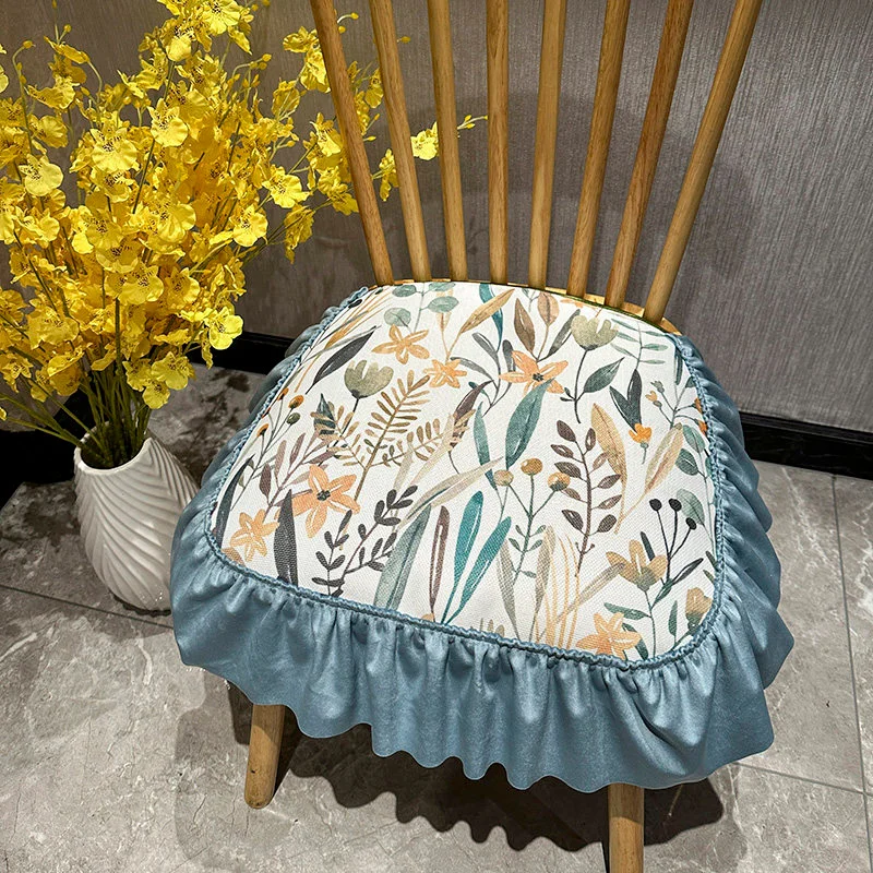 French Light Luxury Style Dining Chair Cushion Ruffle All-Season Ventilate Seat Cover Living Room Cushion Non-Slip Detachable