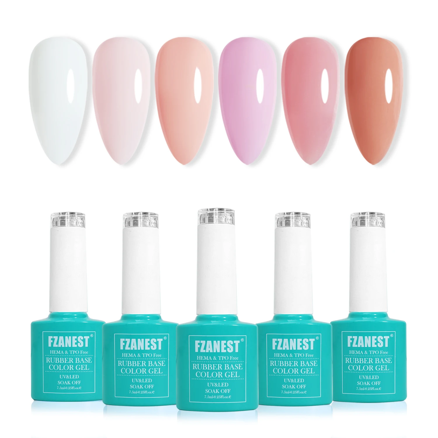

FZANEST HEMA & TPO Free Rubber Base Gel Set, 5 Colors 7.5ml Nude Pink Jelly Nail Gel, UV LED Soak Off for Salon Home DIY