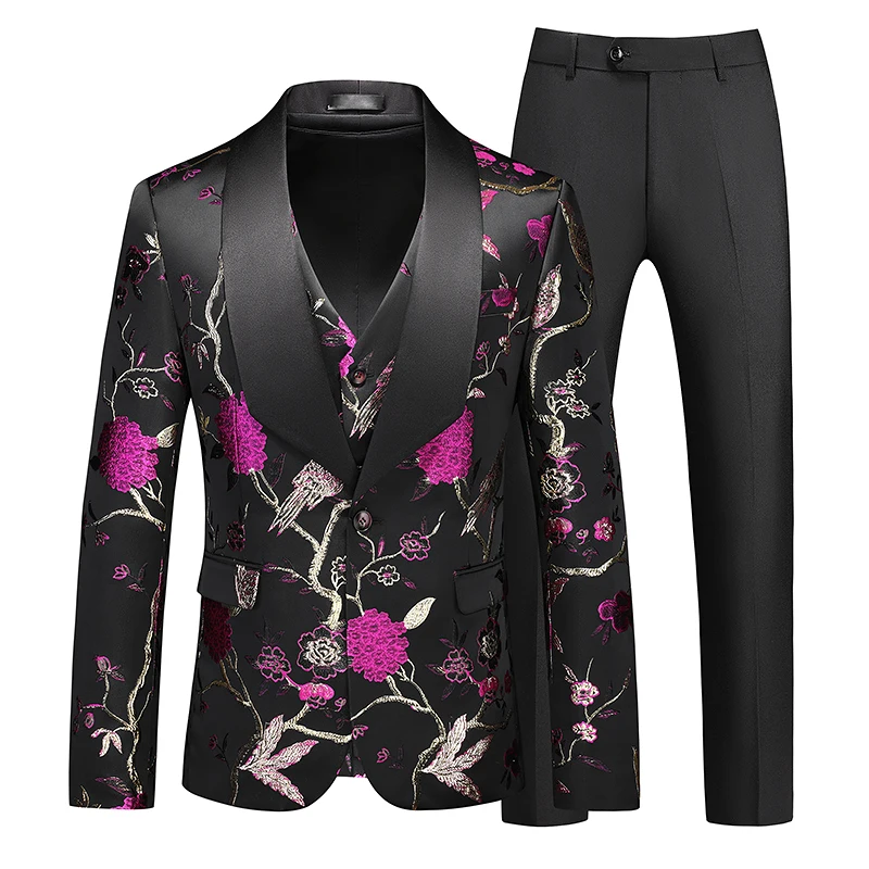 6XL Elegant Men's Floral Blazer + Vest + Trousers Fashion One Button Men 3 Piece Suits Groom Wedding Formal Mens Tuxedo Sets