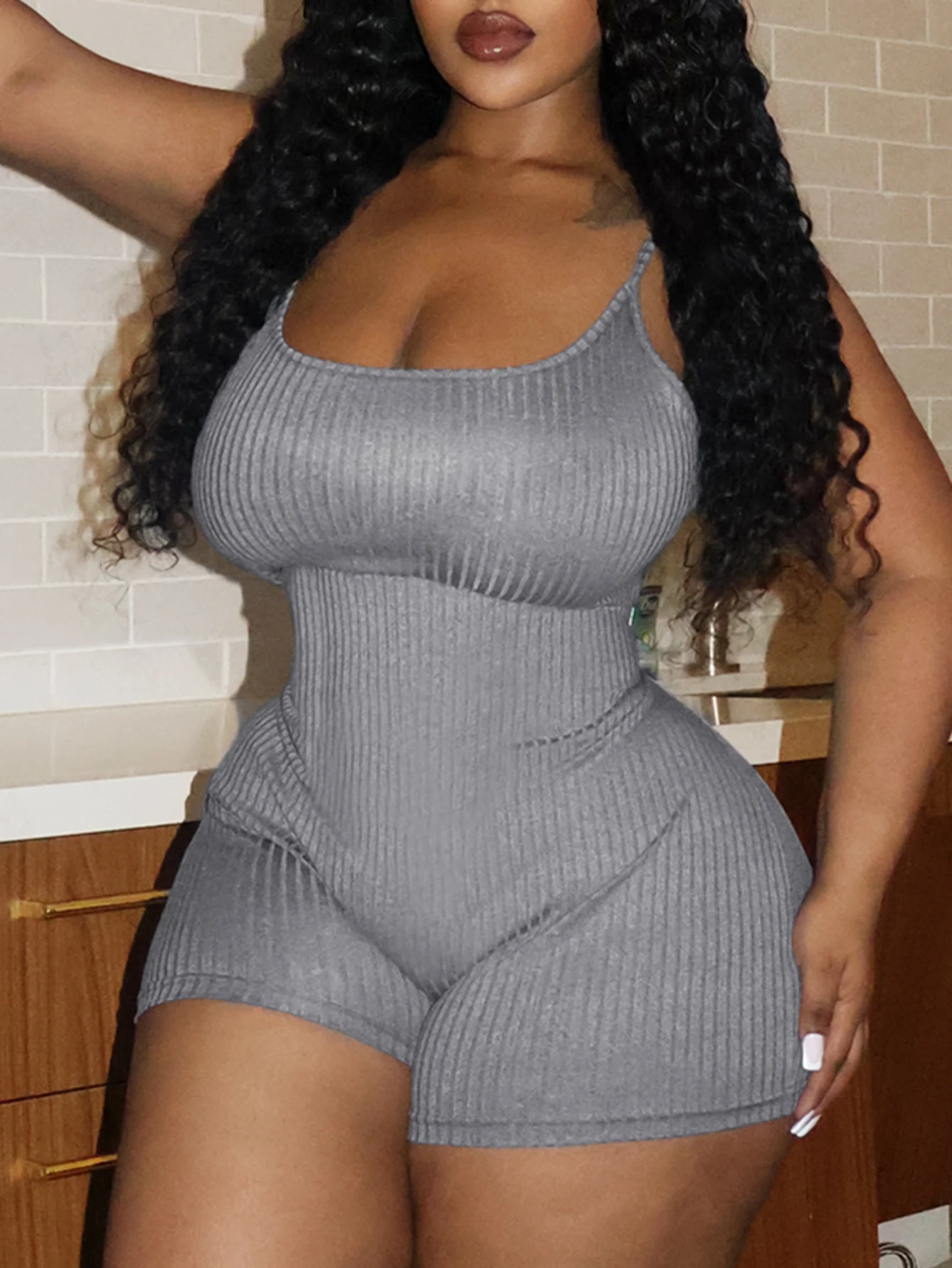 LW BASICS Plus Size Rib Knit Cami Romper Women Summer Suit Casual U Neck Sleeveless Solid Color One Piece Outfit Short Jumpsuits