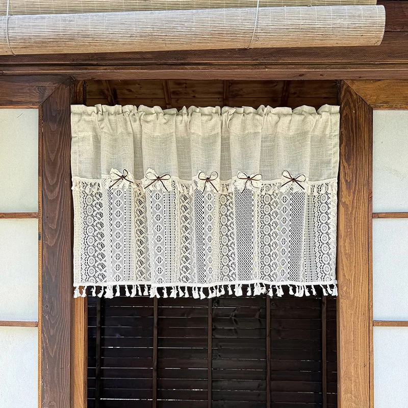 1PC American Retro Imitation Linen Splicing Geometric Hollow Lace Cafe Curtain with Bow Decor For Living Room Kitchen Homestay