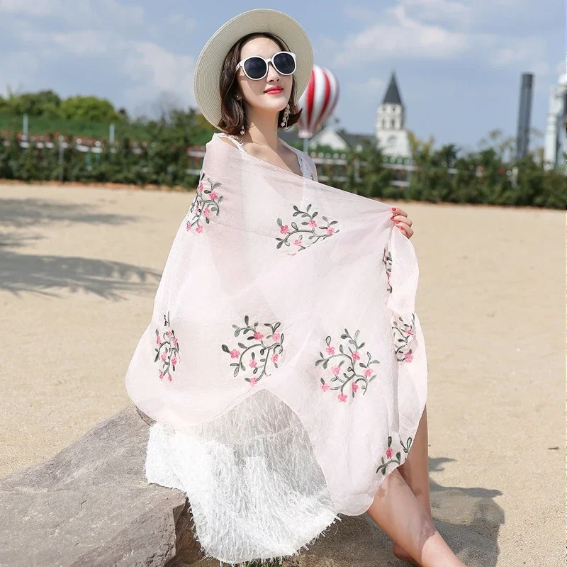 Fashion Embroidery Floral Chiffon Scarf Hijab Women Muslim Beach Headscarf Soft Wraps Headband Summer Sunscreen Shawls 170*65cm