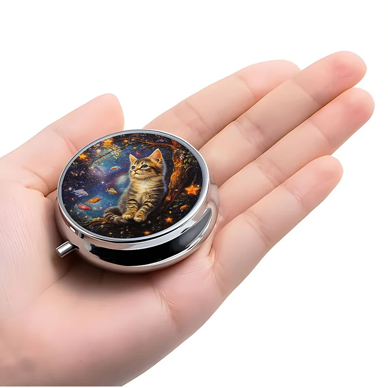 1-Pack Starry Sky Kitty Theme Pill Box with 3 Compartments Mini Pill Container Pill Organizer Unique Travel Gift