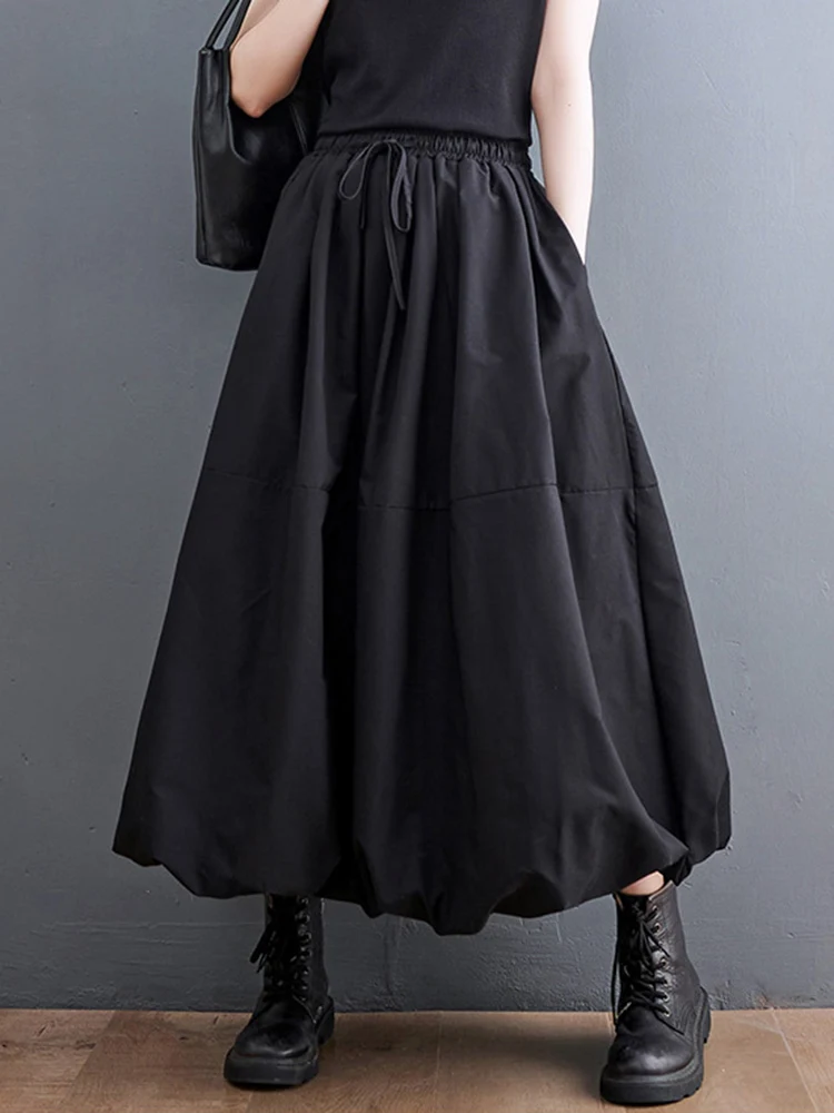Black Vintage High Waist Pleated Skirt Women Fashion Plus Size Drawstring Loose Casual Long Skirts Clothing Spring Autumn 2025