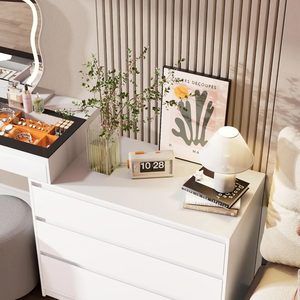 Bureau de coiffeuse moderne à plateau en verre en forme de L 58 avec miroir et éclairage, grande coiffeuse avec 2 tiroirs pour le maquillage et le coiffage