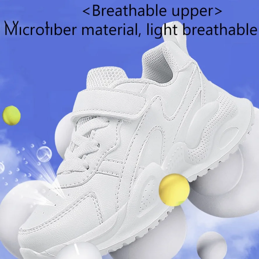 

White Children's Leather Casual Shoes For Boy Girls Outdoor Running Sneakers Breathable Mesh Kids School Walking Sport Non Slip