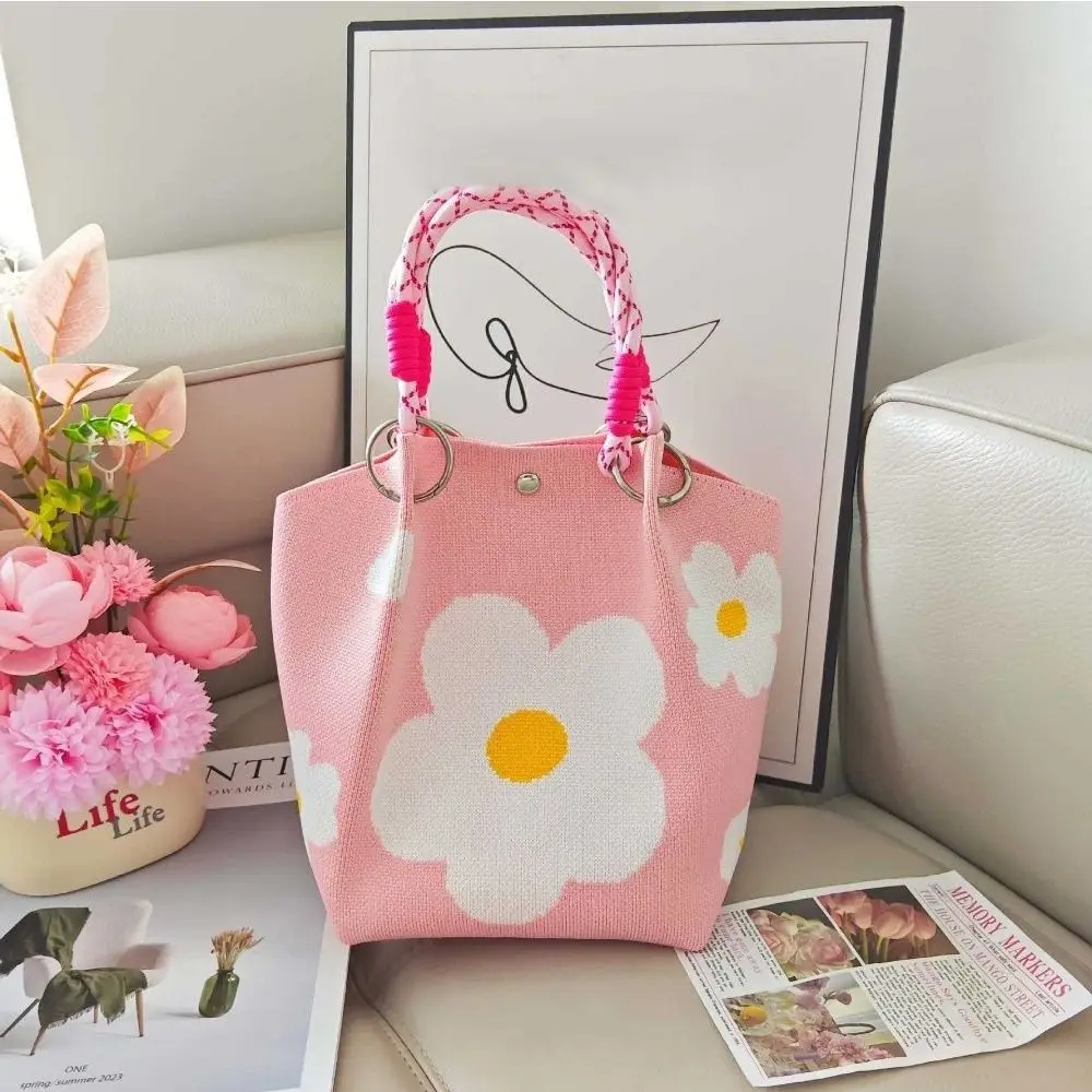 Fashion Floral Knitted Bucket Bag Handmade Large Capacity Wrist Bag Woven Ring Buckle Shoulder Bag for Women Girls