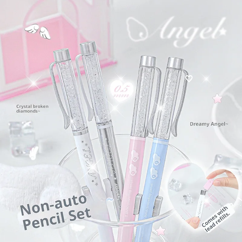 

RosyPosy Angel Element Automatic Pencil Set Kawaii Shiny Crystal Pen Holder 0.5HB Side Press Core Drawing Writing Stationery