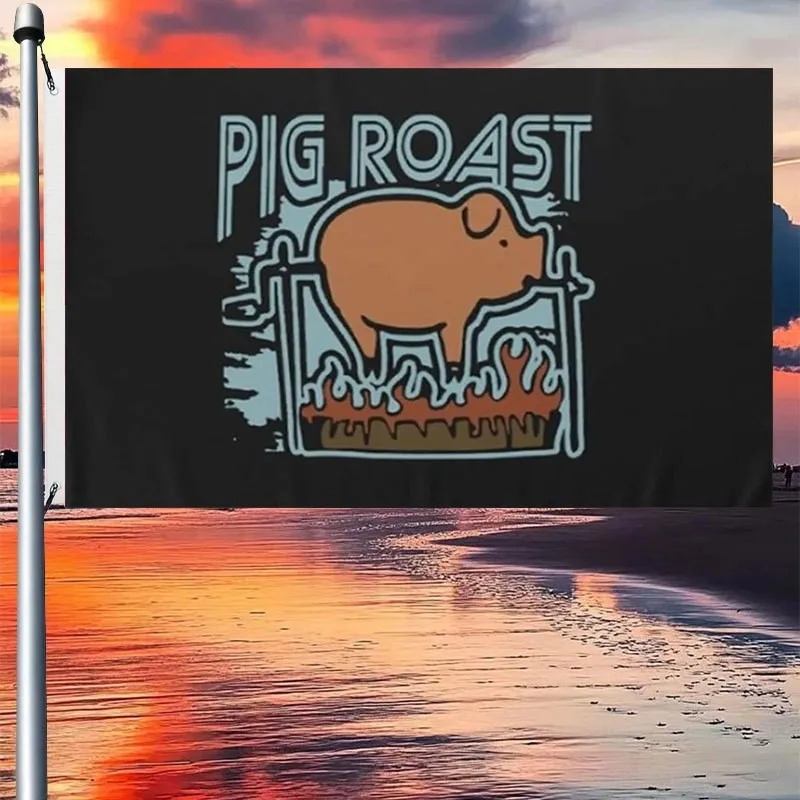 Pig Roast Garden Flag Funny BBQ Cartoon Pig Design 100% Polyester Banner for Outdoor Indoor Decor