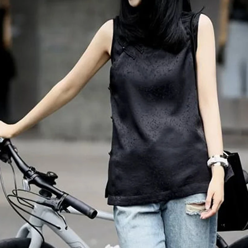 

Early Spring and Autumn ChinesePan Buckle Standing Neck Sleeveless Mid length Jacket Top Women's top