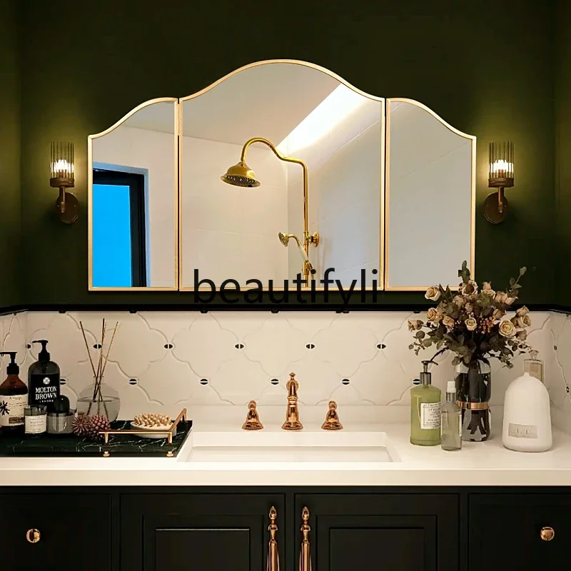 

Asmt59 French folding three-sided makeup mirror retro fireplace wall hanging three-fold art decorative mirror bathroom bathroom