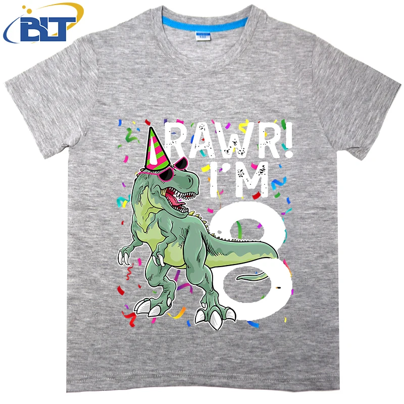 8 Year Old Birthday Gift Boy T Rex Dinosaur Printed kids T-shirt Summer Cotton Short Sleeve Casual Tops Boys Girls Unisex