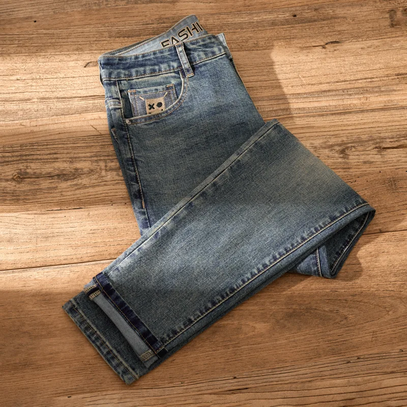 New Vintage Men'S Jeans Men'S High-End Heavy Washing Embroidery Men'S Pants Straight Slim Trend Nostalgic Denim Pants
