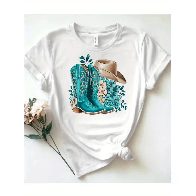 

Women's Cotton Pattern T-shirt Cowboy Boots and Flower Printed Top Round Neck Casual Western T-shirt Women's Cotton T-shirt