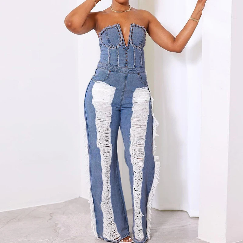 BKLD Summer Slim Fit Denim V-neck Backless Tassel Trendy Jumpsuit Women's Strapless High Waist Ripped Pocket Sexy Street Rompers