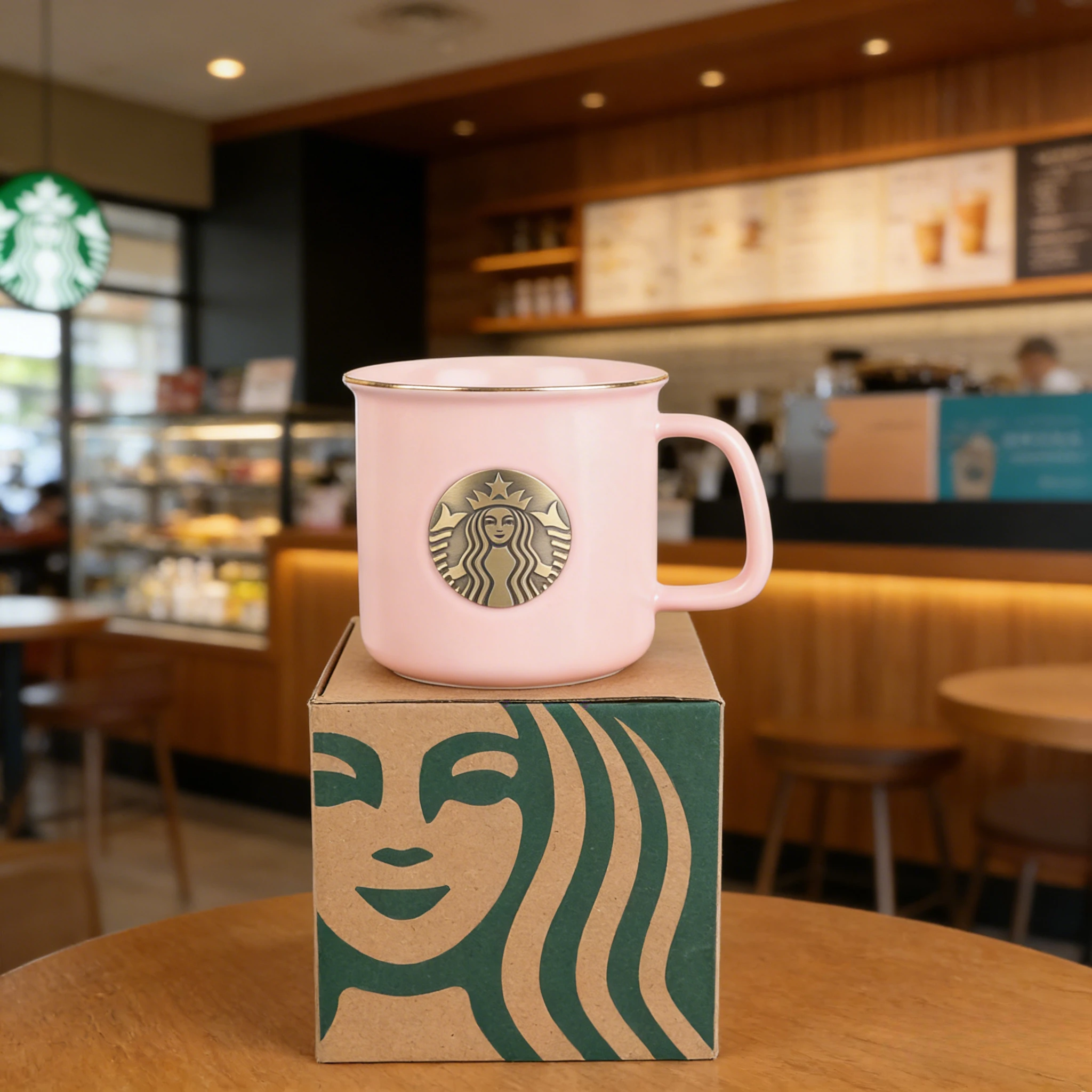 Caneca Starbucks Pink Badge 355ml Estilo Esmaltado Siren com Borda Dourada Ótima Peça de Coleção para Fãs