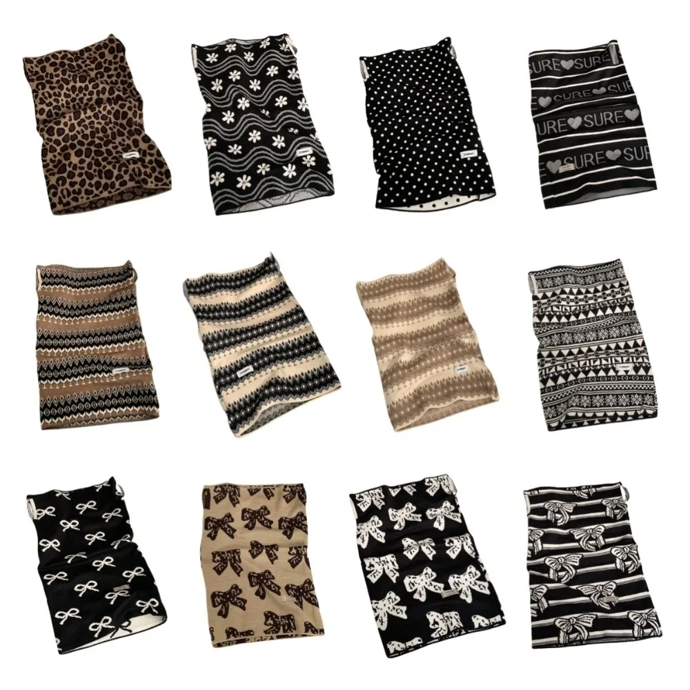 Warm Leopard Print Winter Cycling Thermal Mask Flower Bow Earhook Neck Warmer Knitted Stripes Pullover Cap Female