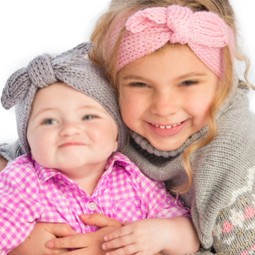 

6 Pcs Bunny Ear Headband Crochet Turban Knitted Warm Cozy Cable Wool Baby Kids Empty Skull Beanie Neutral Color Gift