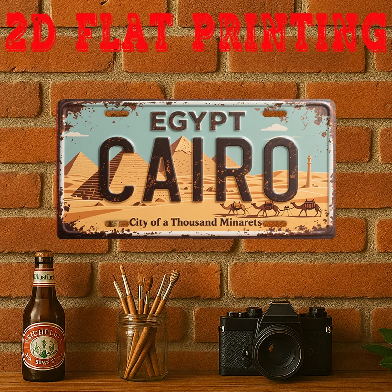 2D Flat 1pc Vintage Metal  Sign,  Cairo City Sign, Vintage Wall Art of The Pyramid Desert, Home Decor